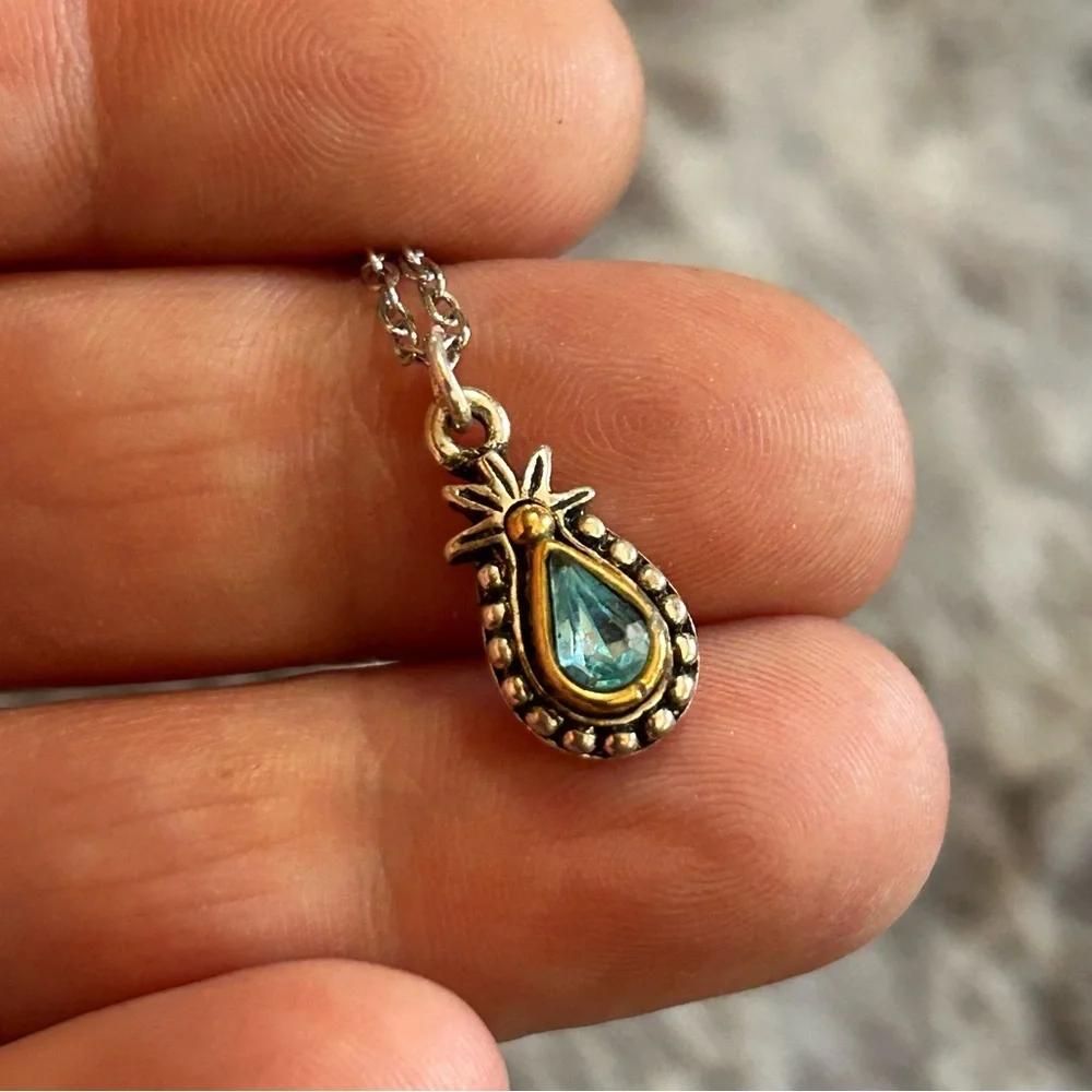 Vintage blue tear drop glass crystal pendant on chain necklace